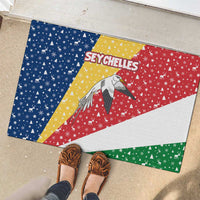Seychelles Christmas Rubber Doormat with Flag Colors Pattern, Tropical Bird Motif, and National Coat of Arms - Wonder Print Shop