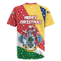 Seychelles Christmas Rugby Jersey with Flag Colors Pattern, Tropical Bird Motif, and National Coat of Arms - Wonder Print Shop