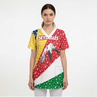 Seychelles Christmas Scrub Top with Flag Colors Pattern, Tropical Bird Motif, and National Coat of Arms - Wonder Print Shop