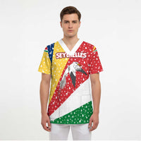 Seychelles Christmas Scrub Top with Flag Colors Pattern, Tropical Bird Motif, and National Coat of Arms - Wonder Print Shop