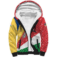Seychelles Christmas Sherpa Hoodie with Flag Colors Pattern, Tropical Bird Motif, and National Coat of Arms - Wonder Print Shop