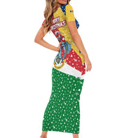 Seychelles Christmas Short Sleeve Bodycon Dress with Flag Colors Pattern, Tropical Bird Motif, and National Coat of Arms - Wonder Print Shop