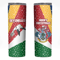 Seychelles Christmas Skinny Tumbler with Flag Colors Pattern, Tropical Bird Motif, and National Coat of Arms - Wonder Print Shop