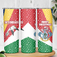 Seychelles Christmas Skinny Tumbler with Flag Colors Pattern, Tropical Bird Motif, and National Coat of Arms - Wonder Print Shop