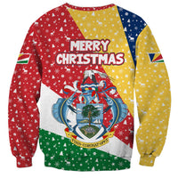 Seychelles Christmas Sweatshirt with Flag Colors Pattern, Tropical Bird Motif, and National Coat of Arms - Wonder Print Shop