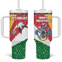 Seychelles Christmas Tumbler With Handle with Flag Colors Pattern, Tropical Bird Motif, and National Coat of Arms - Wonder Print Shop