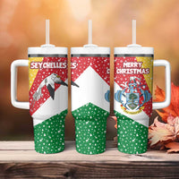 Seychelles Christmas Tumbler With Handle with Flag Colors Pattern, Tropical Bird Motif, and National Coat of Arms - Wonder Print Shop