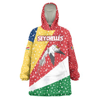 Seychelles Christmas Wearable Blanket Hoodie with Flag Colors Pattern, Tropical Bird Motif, and National Coat of Arms - Wonder Print Shop