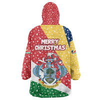 Seychelles Christmas Wearable Blanket Hoodie with Flag Colors Pattern, Tropical Bird Motif, and National Coat of Arms - Wonder Print Shop