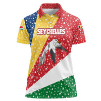 Seychelles Christmas Women Polo Shirt with Flag Colors Pattern, Tropical Bird Motif, and National Coat of Arms - Wonder Print Shop