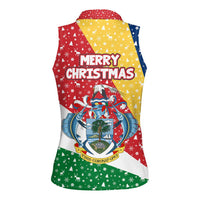 Seychelles Christmas Women Sleeveless Polo Shirt with Flag Colors Pattern, Tropical Bird Motif, and National Coat of Arms - Wonder Print Shop