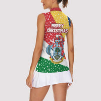 Seychelles Christmas Women Sleeveless Polo Shirt with Flag Colors Pattern, Tropical Bird Motif, and National Coat of Arms - Wonder Print Shop