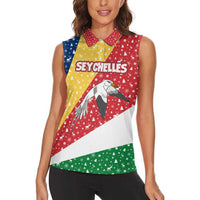 Seychelles Christmas Women Sleeveless Polo Shirt with Flag Colors Pattern, Tropical Bird Motif, and National Coat of Arms - Wonder Print Shop