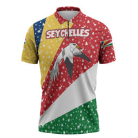 Seychelles Christmas Zipper Polo Shirt with Flag Colors Pattern, Tropical Bird Motif, and National Coat of Arms - Wonder Print Shop