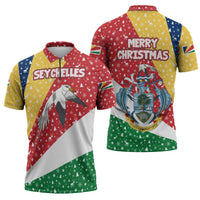Seychelles Christmas Zipper Polo Shirt with Flag Colors Pattern, Tropical Bird Motif, and National Coat of Arms - Wonder Print Shop