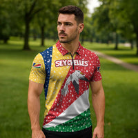 Seychelles Christmas Zipper Polo Shirt with Flag Colors Pattern, Tropical Bird Motif, and National Coat of Arms - Wonder Print Shop