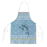 Seychelles Christmas Apron with Ocean Blue Pattern, Marlin Fish Artwork, and Surfing Santa Motif - Wonder Print Shop