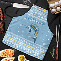 Seychelles Christmas Apron with Ocean Blue Pattern, Marlin Fish Artwork, and Surfing Santa Motif - Wonder Print Shop