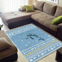 Seychelles Christmas Area Rug with Ocean Blue Pattern, Marlin Fish Artwork, and Surfing Santa Motif - Wonder Print Shop