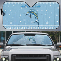 Seychelles Christmas Auto Sun Shade with Ocean Blue Pattern, Marlin Fish Artwork, and Surfing Santa Motif - Wonder Print Shop