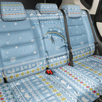 Seychelles Christmas Back Car Seat Cover with Ocean Blue Pattern, Marlin Fish Artwork, and Surfing Santa Motif - Wonder Print Shop