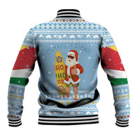 Seychelles Christmas Baseball Jacket with Ocean Blue Pattern, Marlin Fish Artwork, and Surfing Santa Motif - Wonder Print Shop