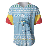 Seychelles Christmas Baseball Jersey with Ocean Blue Pattern, Marlin Fish Artwork, and Surfing Santa Motif - Wonder Print Shop