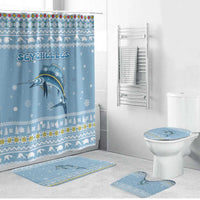 Seychelles Christmas Bathroom Set with Ocean Blue Pattern, Marlin Fish Artwork, and Surfing Santa Motif - Wonder Print Shop