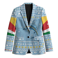 Seychelles Christmas Blazer with Ocean Blue Pattern, Marlin Fish Artwork, and Surfing Santa Motif - Wonder Print Shop