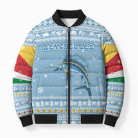 Seychelles Christmas Bomber Puffer Jacket with Ocean Blue Pattern, Marlin Fish Artwork, and Surfing Santa Motif - Wonder Print Shop
