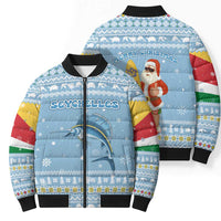 Seychelles Christmas Bomber Puffer Jacket with Ocean Blue Pattern, Marlin Fish Artwork, and Surfing Santa Motif - Wonder Print Shop