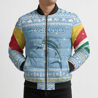 Seychelles Christmas Bomber Puffer Jacket with Ocean Blue Pattern, Marlin Fish Artwork, and Surfing Santa Motif - Wonder Print Shop