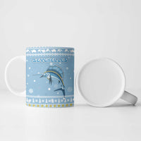 Seychelles Christmas Ceramic Mug with Ocean Blue Pattern, Marlin Fish Artwork, and Surfing Santa Motif - Wonder Print Shop