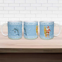 Seychelles Christmas Ceramic Mug with Ocean Blue Pattern, Marlin Fish Artwork, and Surfing Santa Motif - Wonder Print Shop