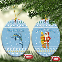 Seychelles Christmas Ceramic Ornament with Ocean Blue Pattern, Marlin Fish Artwork, and Surfing Santa Motif - Wonder Print Shop