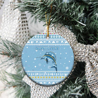 Seychelles Christmas Ceramic Ornament with Ocean Blue Pattern, Marlin Fish Artwork, and Surfing Santa Motif - Wonder Print Shop