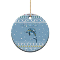 Seychelles Christmas Ceramic Ornament with Ocean Blue Pattern, Marlin Fish Artwork, and Surfing Santa Motif - Wonder Print Shop