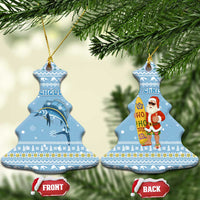 Seychelles Christmas Ceramic Ornament with Ocean Blue Pattern, Marlin Fish Artwork, and Surfing Santa Motif - Wonder Print Shop