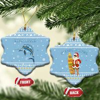 Seychelles Christmas Ceramic Ornament with Ocean Blue Pattern, Marlin Fish Artwork, and Surfing Santa Motif - Wonder Print Shop