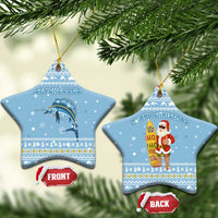 Seychelles Christmas Ceramic Ornament with Ocean Blue Pattern, Marlin Fish Artwork, and Surfing Santa Motif - Wonder Print Shop