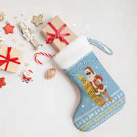 Seychelles Christmas Stocking with Ocean Blue Pattern, Marlin Fish Artwork, and Surfing Santa Motif - Wonder Print Shop