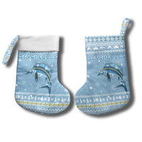Seychelles Christmas Stocking with Ocean Blue Pattern, Marlin Fish Artwork, and Surfing Santa Motif - Wonder Print Shop