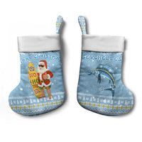 Seychelles Christmas Stocking with Ocean Blue Pattern, Marlin Fish Artwork, and Surfing Santa Motif - Wonder Print Shop
