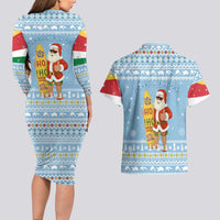 Seychelles Christmas Couples Matching Long Sleeve Bodycon Dress and Hawaiian Shirt with Ocean Blue Pattern, Marlin Fish Artwork, and Surfing Santa Motif - Wonder Print Shop