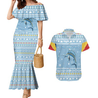 Seychelles Christmas Couples Matching Mermaid Dress and Hawaiian Shirt with Ocean Blue Pattern, Marlin Fish Artwork, and Surfing Santa Motif - Wonder Print Shop