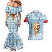 Seychelles Christmas Couples Matching Mermaid Dress and Hawaiian Shirt with Ocean Blue Pattern, Marlin Fish Artwork, and Surfing Santa Motif - Wonder Print Shop