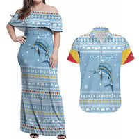 Seychelles Christmas Couples Matching Off Shoulder Maxi Dress and Hawaiian Shirt with Ocean Blue Pattern, Marlin Fish Artwork, and Surfing Santa Motif - Wonder Print Shop