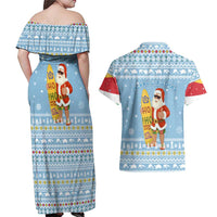 Seychelles Christmas Couples Matching Off Shoulder Maxi Dress and Hawaiian Shirt with Ocean Blue Pattern, Marlin Fish Artwork, and Surfing Santa Motif - Wonder Print Shop