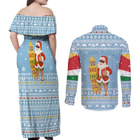 Seychelles Christmas Couples Matching Off Shoulder Maxi Dress and Long Sleeve Button Shirt with Ocean Blue Pattern, Marlin Fish Artwork, and Surfing Santa Motif - Wonder Print Shop