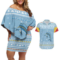Seychelles Christmas Couples Matching Off Shoulder Short Dress and Hawaiian Shirt with Ocean Blue Pattern, Marlin Fish Artwork, and Surfing Santa Motif - Wonder Print Shop